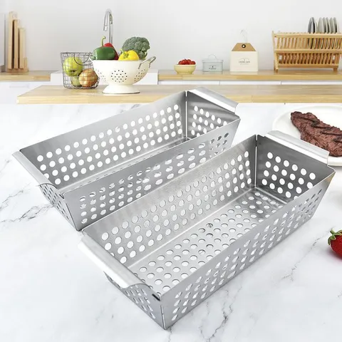 Stainless Steel Vegetable Grill Basket Rectangular BBQ Grill Pan with Dual Handles for Outdoor Cooking Baking