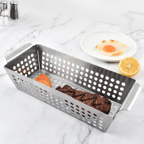 Roestvrijstalen Groente Grillmand Rechthoekige BBQ Grillpan met Handgrepen voor Buiten