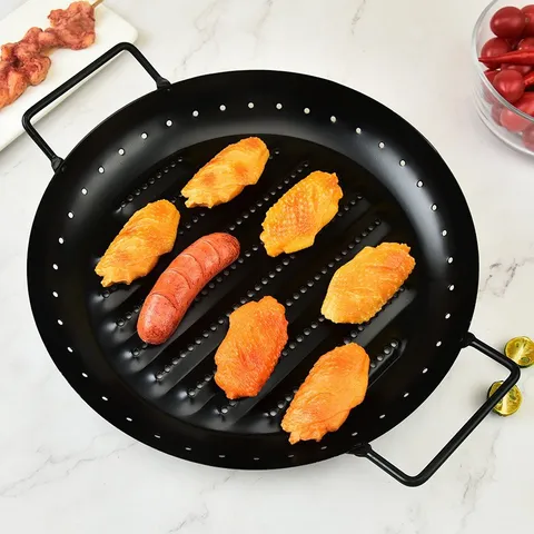 Round Non-Stick BBQ Grill Pan Outdoor Picnic Iron Baking Tray With Dual Handles And Ventilation Holes For Home Kitchen Cooking