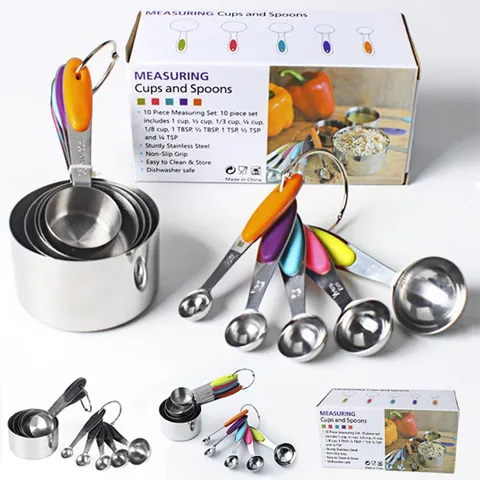 Set di Tazze e Cucchiai Misuratori in Acciaio Inossidabile 10 Pezzi Strumenti di Misura per Cottura con Manico in Silicone