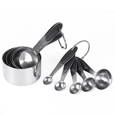 Set di Tazze e Cucchiai Misuratori in Acciaio Inossidabile 10 Pezzi Strumenti di Misura per Cottura con Manico in Silicone