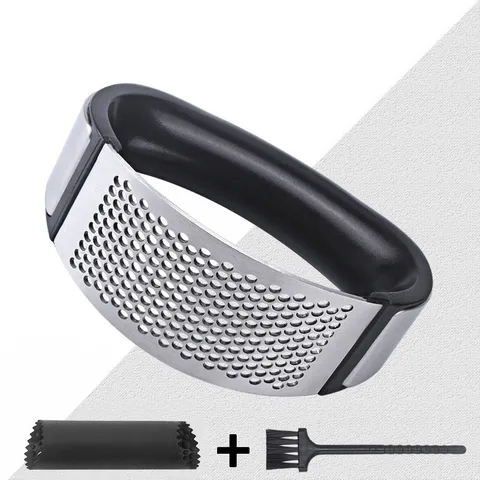 Stainless Steel Garlic Press Manual Garlic Mincer Curved Garlic Rocker Kitchen Tool With Cleaning Brush And Silicone Peeler
