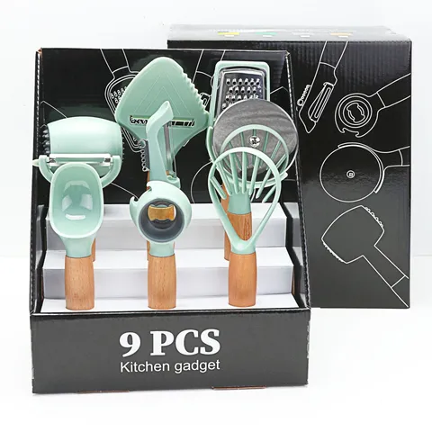 Set Ergaleion Kouzinas apo Anoixeidoto Atsali me Plastiko kai Xylino Cheri Polyleitourgyika Ergaleia Mageirikis