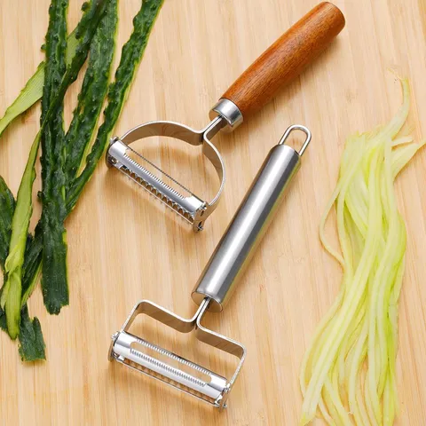 Pelador De Patatas De Acero Inoxidable De Doble Cabezal Pelador De Frutas Y Verduras Cortador De Verduras Accesorio De Cocina Con Mango De Madera