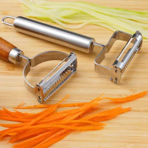 Pelador De Patatas De Acero Inoxidable De Doble Cabezal Pelador De Frutas Y Verduras Cortador De Verduras Accesorio De Cocina Con Mango De Madera