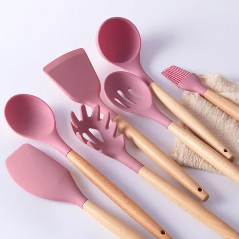 Silicone Kitchen Utensils Set Wooden Handle Non-Stick Heat Resistant Spatula Cooking Tools With Storage Bucket Blue
