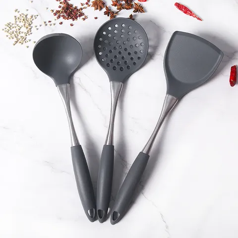 Juego de Espátula Cucharón Espumadera de Silicona Mango de Acero Inoxidable Resistente al Calor Antiadherente Utensilios de Cocina