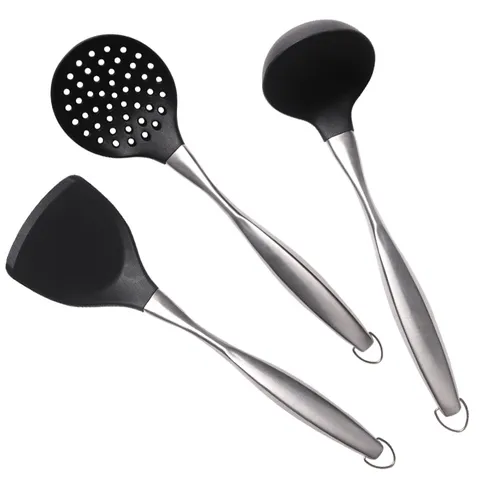 Utensilios de Cocina de Silicona Resistente al Calor Espátula Colador Cuchara de Sopa Mango de Acero Inoxidable Antiadherente
