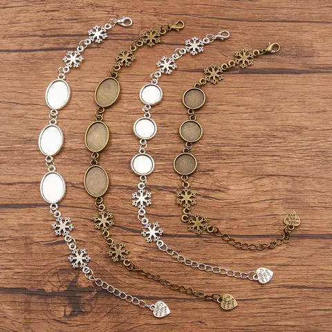 Weihnachten Schneeflocke DIY Legierung Schmuck Zubehör Rund Oval Basis Tablett Armband Fußkettchen Zubehör Mit Herz Anhänger