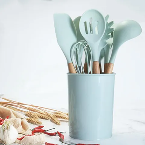 Silicone Kitchen Utensils Set Wooden Handle Non-Stick Heat Resistant Spatula Cooking Tools With Storage Bucket Blue