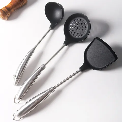 Mango de Acero Inoxidable Cabezal de Silicona Utensilios de Cocina Espátula Cuchara de Sopa Espumadera Resistente al Calor Antiadherente
