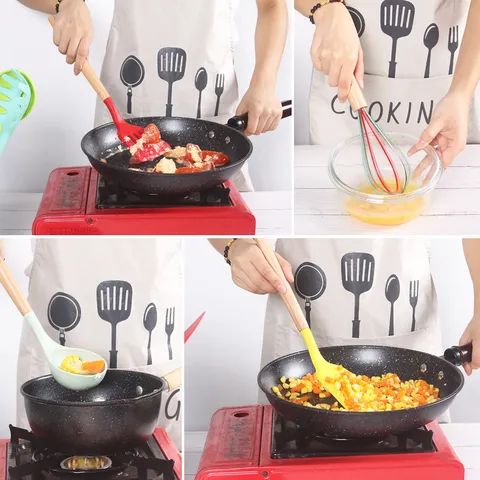 Juego de Utensilios de Cocina de Silicona Colorida Con Mangos de Madera Herramientas de Cocina Con Soporte