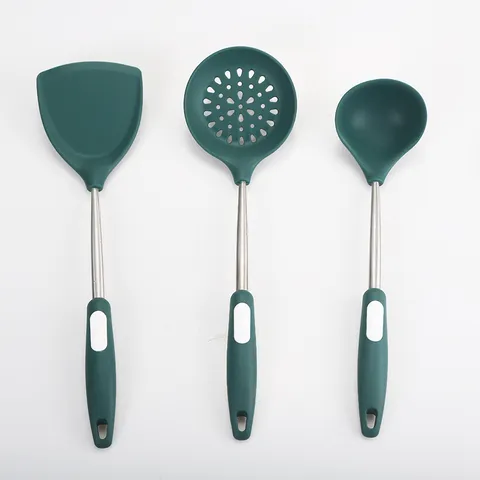 Utensilios de Cocina de Silicona Antiadherente Resistente al Calor Cuchara de Sopa Colador Espátula Herramientas de Cocina con Mango de Acero Inoxidable