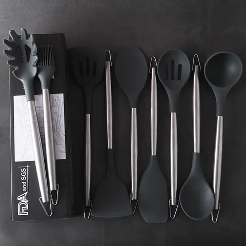Juego de Utensilios de Cocina de Silicona Mango de Acero Inoxidable Antiadherente Resistente al Calor Espátula de Cocina