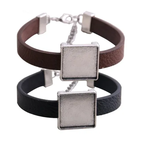 Legierung Quadratische Cabochon Basis Tablett Rahmen PU Leder Armband Blanko DIY Handgefertigtes Armband Schmuckherstellung Komponenten