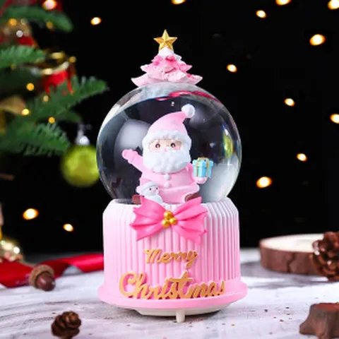 Pink Santa Claus Snow Globe Music Box With LED Light And Auto Snow Desktop Ornament Christmas Gift For Girls Kids Room Decor