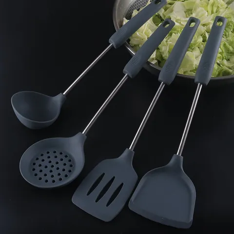 Juego de Espátulas de Cocina de Silicona Antiadherente Resistente al Calor Utensilios de Cocina con Mango de Acero Inoxidable Cuchara de Sopa Espumadera