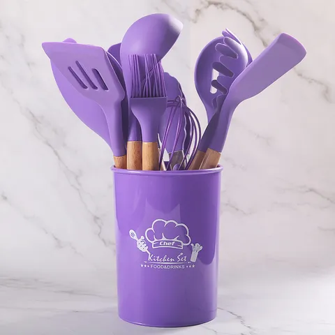 Juego de Utensilios de Cocina de Silicona Púrpura Con Mangos de Madera Resistente Al Calor Antiadherente Herramientas Con Cubo