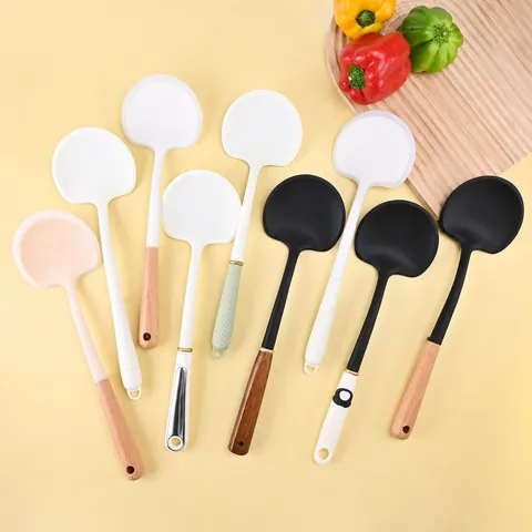Silicone Mushroom Spatula And Spoon Wooden Handle Heat Resistant Non-Stick Cookware Kitchen Cooking Utensil