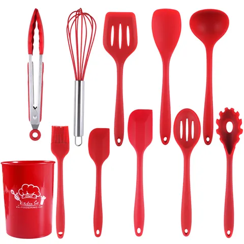 Juego de Utensilios de Cocina de Silicona 10 Piezas Resistente al Calor Antiadherente Con Soporte para Hogar