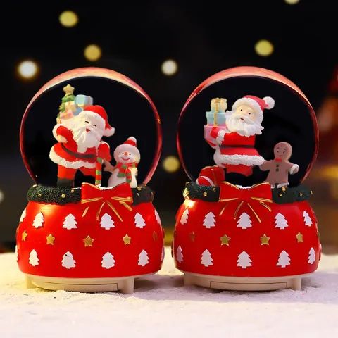 Weihnachten Schneekugel Spieluhr Mit Led Licht Fliegender Schnee Rotierend Weihnachtsmann Schneemann Schleife Ornament Harz Glas Musikdose Desktop Dekoration Festival Party Wohnkultur Geschenk