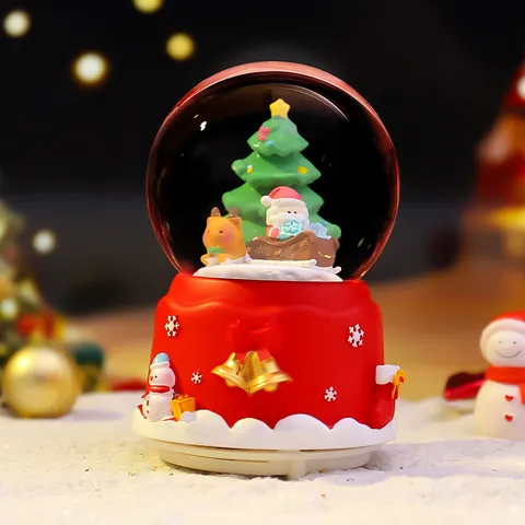 Weihnachten Festliche Kristallkugel Schneekugel Spieluhr Harz Glas Weihnachtsmann Schneemann Figur Leuchtende Schreibtisch Ornament Feiertagsgeschenk