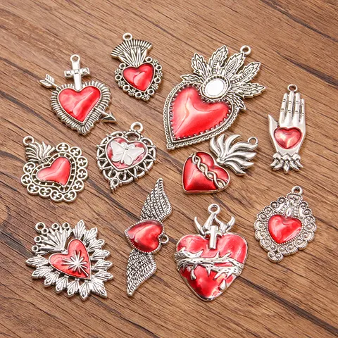 Retro Gothic Sacred Heart Wing Alloy Charms For DIY Necklace Earrings Jewelry Making Red Enamel Antique Silver Pendants Accessories