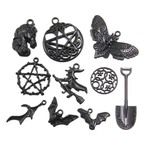 Zwarte Legering Halloween Vleermuis Heks Draak Ster Schop Hangers DIY Sieraden Maken Gotische Charms Voor Ketting Armband