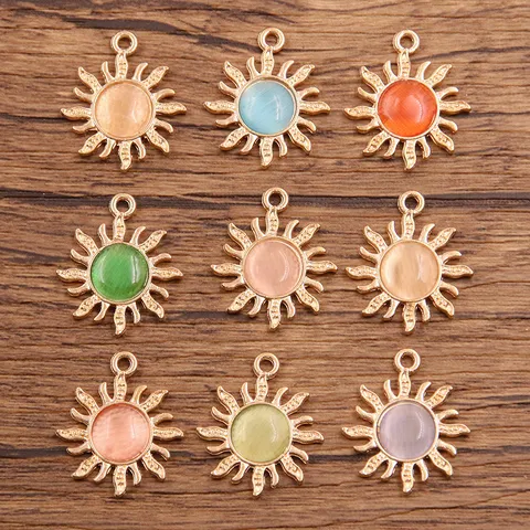 Alloy Sunflower Round Charm Pendants Colorful Inlaid Cat Eye Stone DIY Jewelry Making Craft Supplies Pour Colliers