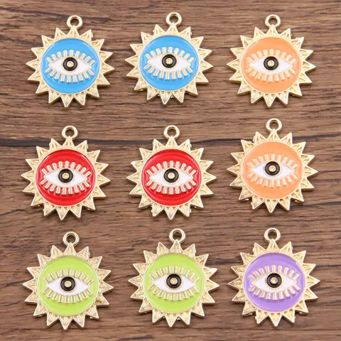 Round Turkish Evil Eye Enamel Pendant Alloy Sun Charm For DIY Jewelry Making Mobile Phone Accessories Necklaces Earrings