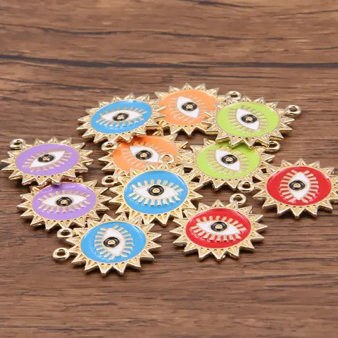Round Turkish Evil Eye Enamel Pendant Alloy Sun Charm For DIY Jewelry Making Mobile Phone Accessories Necklaces Earrings