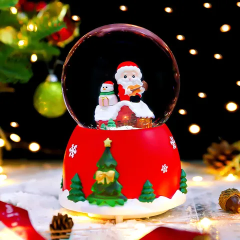 Christmas Santa Claus Sleigh Snow Globe Rotating Snowfall Luminous Music Box Ornament Festive Desktop Decoration Holiday Gift