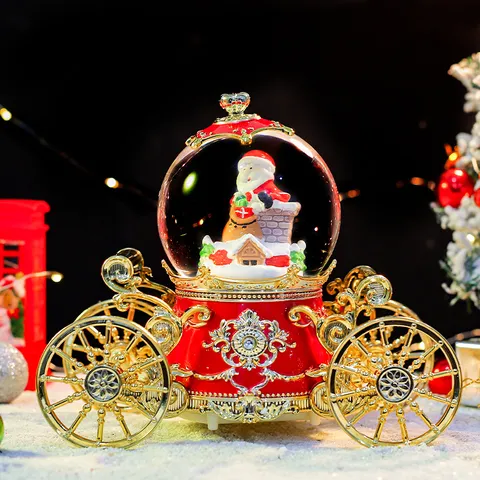 Weihnachten Weihnachtsmann Kutsche Schneekugel Spieluhr Mit Bunten LED Lichtern Und Automatischem Schneefall Rotierendes Festliches Schreibtisch Deko Geschenk