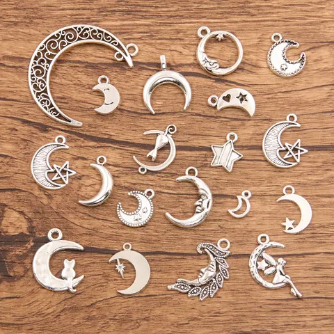 DIY Zinc Alloy Moon Star Angel Cat Charms For Jewelry Making Retro Silver Hollow Round Pendants Findings For Necklace Bracelet Craft