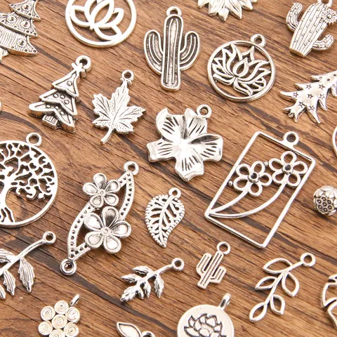 Zinc Alloy Plant Charms DIY Jewelry Making Accessories Retro Silver Leaf Flower Cactus Lotus Pendants For Bracelets Necklaces
