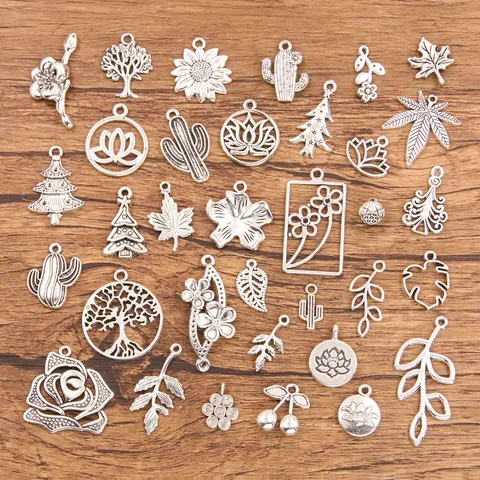 Zinc Alloy Plant Charms DIY Jewelry Making Accessories Retro Silver Leaf Flower Cactus Lotus Pendants For Bracelets Necklaces