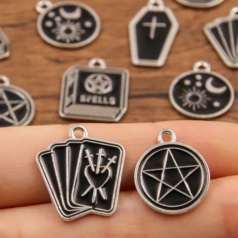 Gothic Mystical Alloy Charms For Jewelry Making DIY Pentagram Moon Sun Spell Book Tarot Card Coffin Cross Pendants Black Enamel Charms