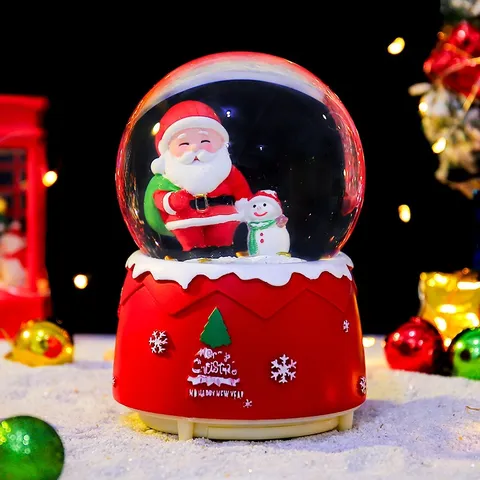 Cartoon Weihnachten Weihnachtsmann Schneemann Kristallkugel Leuchtende Schneefall Spieluhr Ornament Festliche Schlafzimmer Deko Glas Harz Geschenk