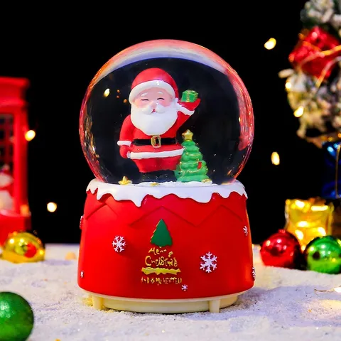 Cartoon Weihnachten Weihnachtsmann Schneemann Kristallkugel Leuchtende Schneefall Spieluhr Ornament Festliche Schlafzimmer Deko Glas Harz Geschenk