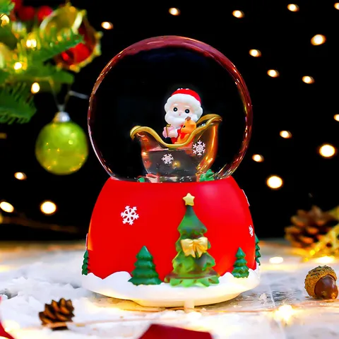 Christmas Santa Claus Sleigh Snow Globe Rotating Snowfall Luminous Music Box Ornament Festive Desktop Decoration Holiday Gift