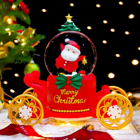Weihnachten Weihnachtsmann Kutsche Schneekugel Spieldose Mit LED Licht Leuchtende Rotierende Schneeflocke Harz Glas Handwerk Tisch Desktop Urlaub Ornament Geschenk