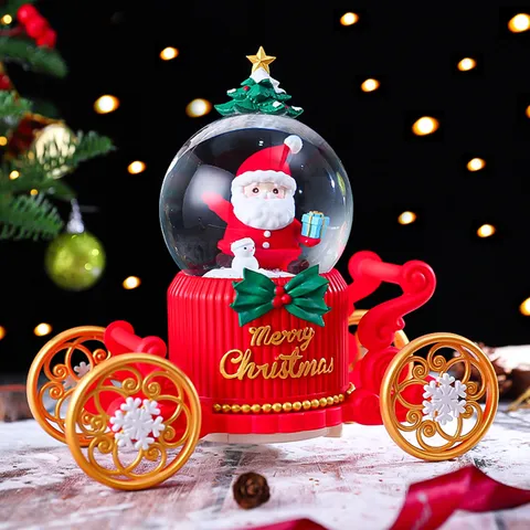 Weihnachten Weihnachtsmann Kutsche Schneekugel Spieldose Mit LED Licht Leuchtende Rotierende Schneeflocke Harz Glas Handwerk Tisch Desktop Urlaub Ornament Geschenk