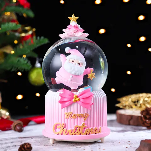 Pink Santa Claus Snow Globe Music Box With LED Light And Auto Snow Desktop Ornament Christmas Gift For Girls Kids Room Decor