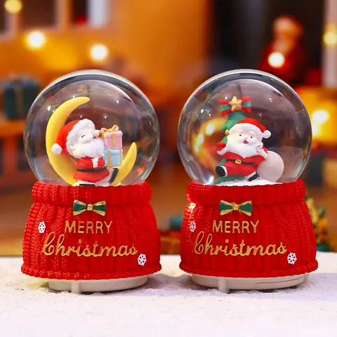 Cute Christmas Santa Claus Snowman Snow Globe Music Box Luminous Glass Resin Ornament Desktop Xmas Party Holiday Decoration Craft Gift
