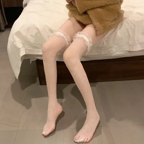 Damen Sexy Fischnetz Strümpfe Sommer Über dem Knie Lange Spitze Holzohr Rand Weiß Schwarz Hohe Oberschenkel Strümpfe Strumpfwaren