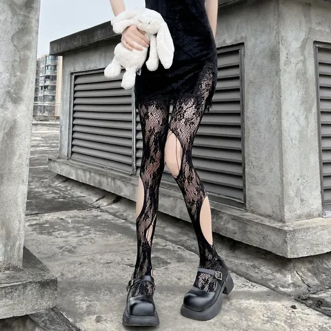 Women's Sexy Hollow Out Fishnet Pantyhose Garter Style Ripped Dark Gothic Tights