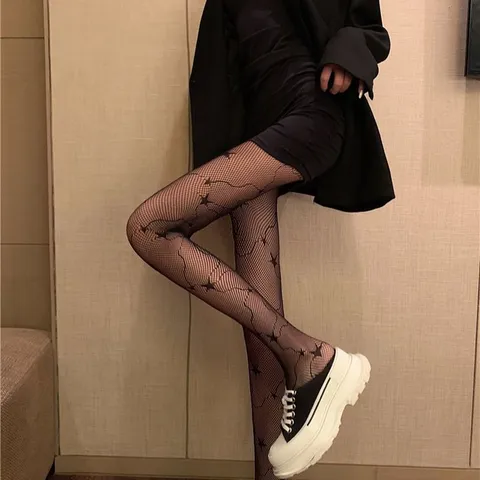 Women Sexy Fishnet Pantyhose Star Pattern Black White Stockings High Elasticity Hollow Out Fashion Tights Legwear