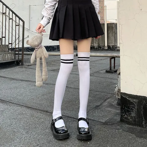 Damen Baumwolle Über Dem Knie Lange Socken Japanischer College Stil Doppelstreifen Hohe Strümpfe