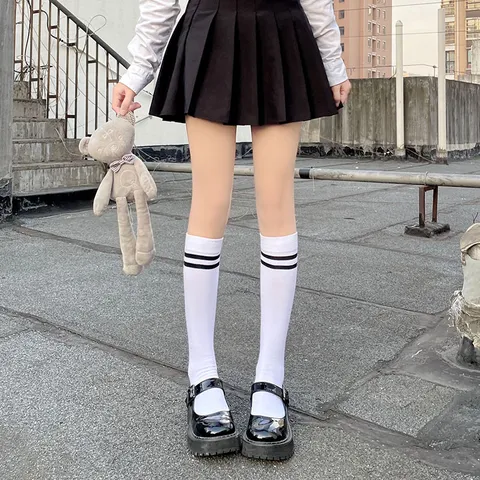 Damen Overknee Socken Baumwollmischung Doppelstreifen Kniestrümpfe Lässig Preppy Stil Lange Schlauchsocken