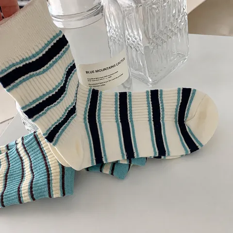 Vintage Gestreifte Mittelhohe Socken Lässig Bequem Atmungsaktiv Baumwollmischung Crew Socken Frühling Sommer Mode Strumpfwaren
